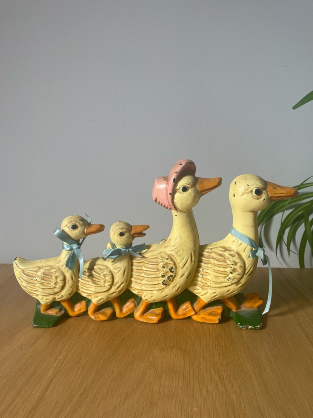 Vintage Cast Iron Blue Ribbon Geese Duck Family Door Stop 1980s